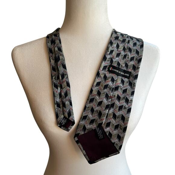 CONTE DI MILANO Tie Mens Silk Black Gray Art Deco Design Classic Length Office - Picture 3 of 7